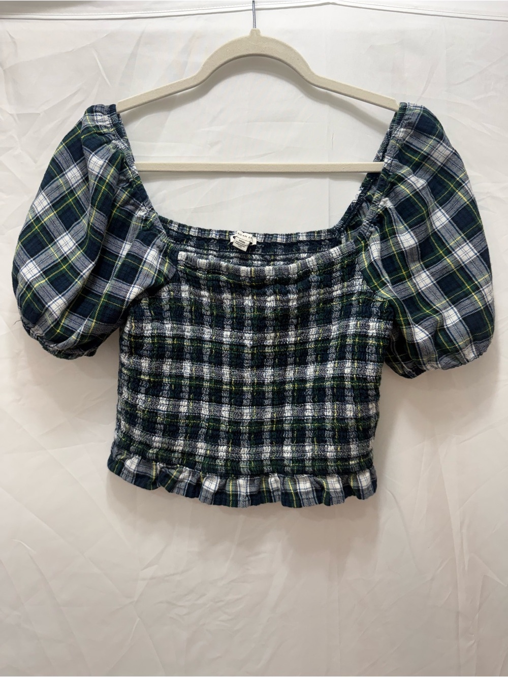 American Eagle Outfitters Navy and Green Plaid Smocked Puff-Sleeve Crop Top